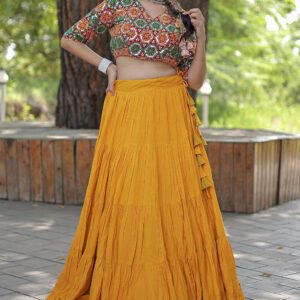 Designer Readymade Yellow Reyon Lehenga Choli Set