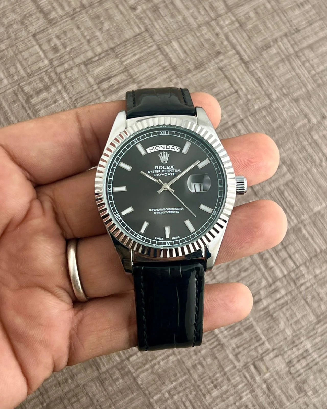 First Copy of Rolex Watch Day Date Croco Black for Men (1) First Copy of Rolex Watch Day Date Croco Black for Men