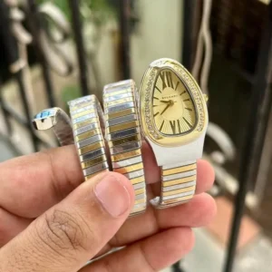 Bvlgari Snake Serpenti Spiga First Copy Watch - All Silver, Diamond Crusted Bezel