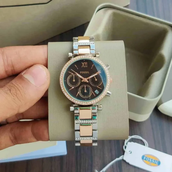 Fossil Carlie for Her First Copy Watch - Rose Gold Two-Tone Band