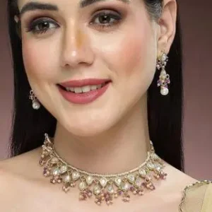 Karatcart Gold Plated Pink and Purple Crystal Kundan Necklace Set for Women