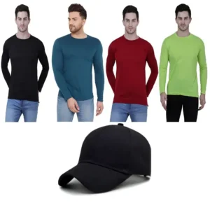 Men's Full Sleeves Round Neck T-shirt With Combo Summer Cap