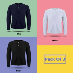 Men's Cotton Solid Stylized Neck Full Sleeves T-Shirt (Pack of 3)