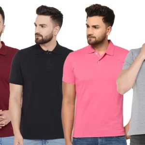 Men's Cotton Blend Solid Half Sleeves Polo Neck T-Shirt (Pack of 4)