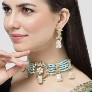 Karatcart White Designer Tumble Light Blue Crystal Beaded Kundan Choker Necklace Set