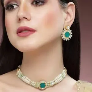 Karatcart Lime Green Beads and Pearl Beaded Green Polki Kundan Choker Necklace Set