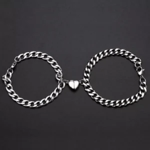 Silver Heart Magnetic Couple Chain Bracelet