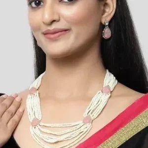 Karatcart Pink Carved Stone Studded Pearl Beaded Rani Haar Necklace Set for Women
