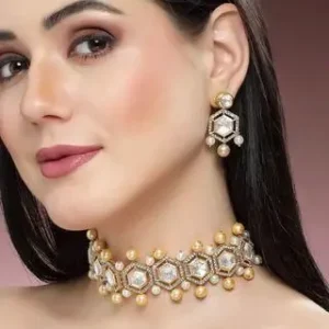 Karatcart Golden Pearl Studded Polki Kundan Choker Necklace Set for Women