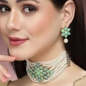 Karatcart Gold Plated Pearl Beaded Light Blue and Light Green Kundan Stone Choker Necklace Set