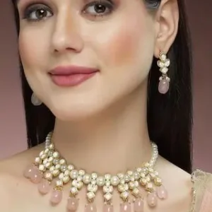 Karatcart Gold Plated Pink Tumble and Pearl Studded Kundan Necklace Set