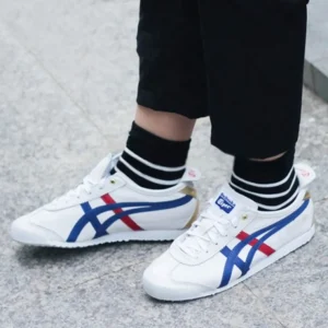 Trendy Ontisuka Tiger Mexico 66 White Blue Metallic Gold Leather Shoes For Men (SHUB637)