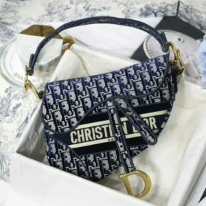Dior Oblique Deep Blue Canvas Saddle Bag With Box