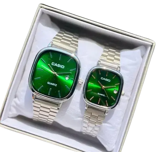 Casio Couple Watch- Quartz Classic Silver Watch with Green Dial For Men & Women Casio Couple Watch- Quartz Classic Silver Watch with Green Dial For Men & Women