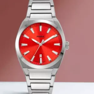 Everett Three-Hand Date Stainless Steel Watch Red Dial - FS5984