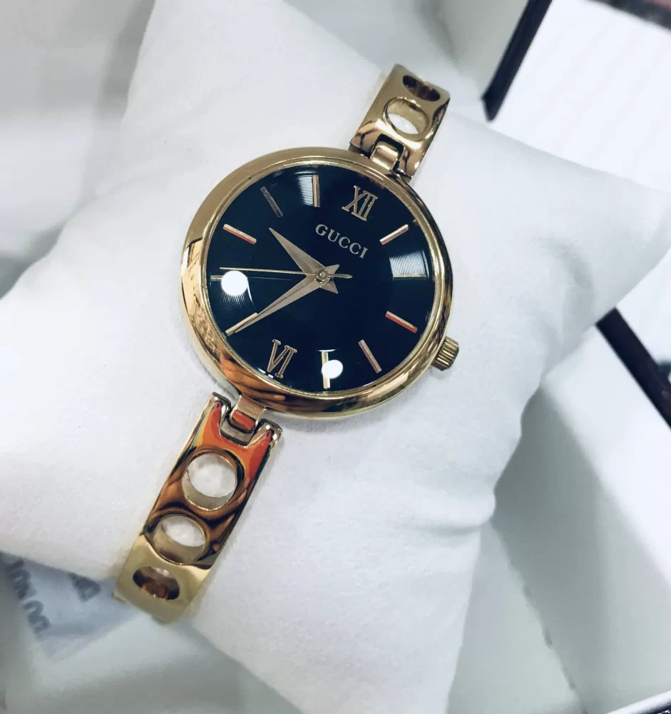 Gucci Watch Women Round Dial Premium Quality Gold Watch with Black Dial Gucci Watch Women Round Dial Premium Quality Gold Watch with Black Dial