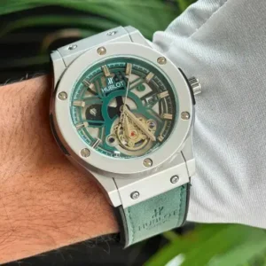 Hublot Green Belt Watch - Green Leather Strap Unisex Silver & Green Watch