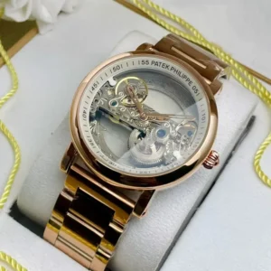 Patek Phillipe Skeleton Transparent Automatic Chronograph Men's Watch (White Dial, Gold Strap)