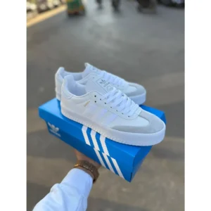 First Copy Adidas Samba Triple White Satin Stripe Shoes For Men (LAB1464)